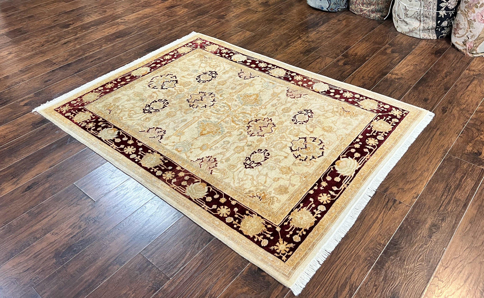 Peshawar Rug 5x7, Beige and Maroon, Vintage Handmade Wool Traditional Carpet 5 x 7 ft, Pakistani Rug, Agra Pattern, Very Fine 260 KPSI by Jewel Rugs