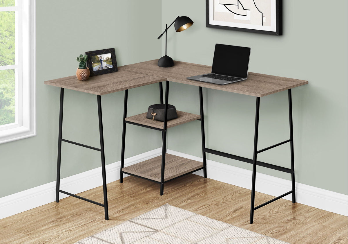 L-Shape Corner Computer Desk with Storage Shelves - Modern Wood & Metal - Light Brown, Gray, Dark Brown, photo 9 of 12