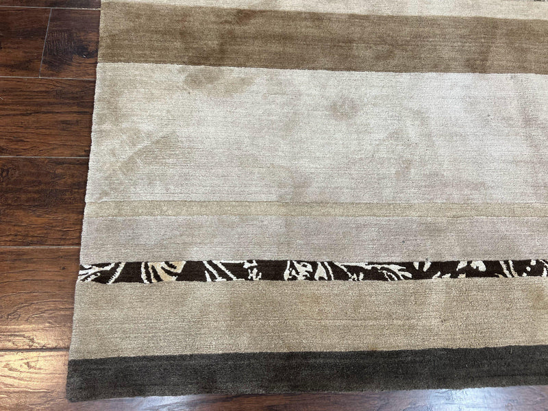 Modern Tibetan Nepali Rug 8x12, Stripe Pattern, Wool with Silk Highlights, Handmade, Beige Tan Brown by Jewel Rugs