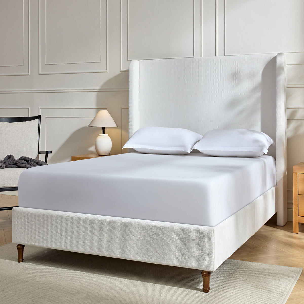 Tall Headboard Upholstered Bed with No Box Spring Needed - Cream, photo 37 of 40