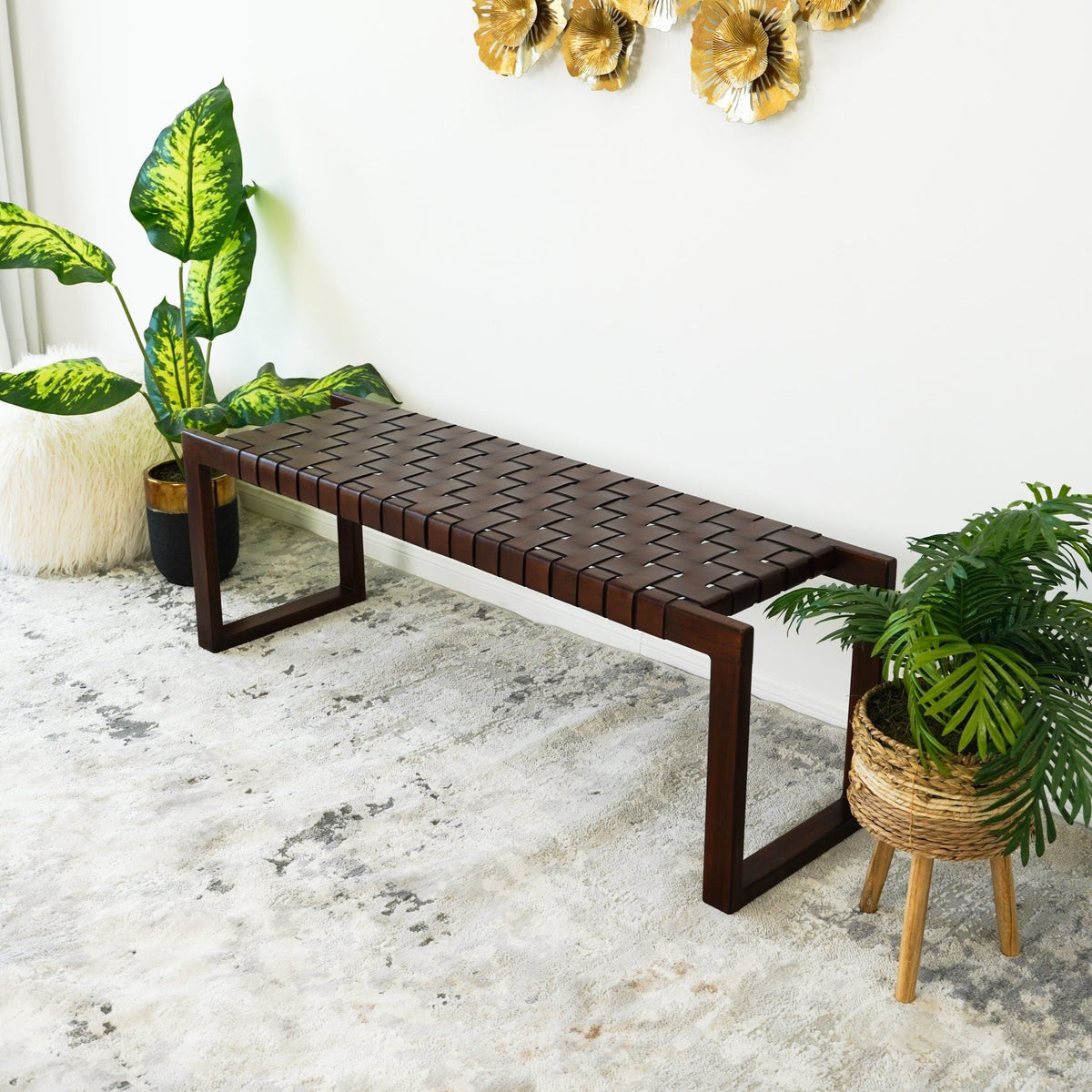 Cognac Brown Upholstered Bench with Genuine Leather Seat - Mid-Century Modern, photo 10 of 12