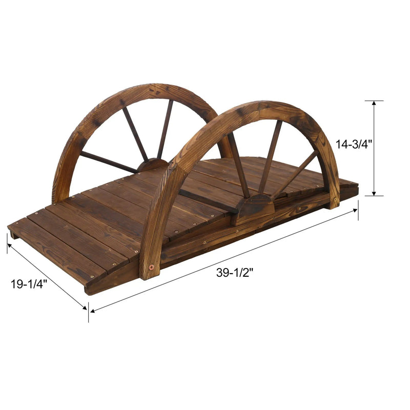 Wooden Garden Bridge Arc Footbridge With Half Wheel Railings Solid Fi - Brown by HouseOfZazla