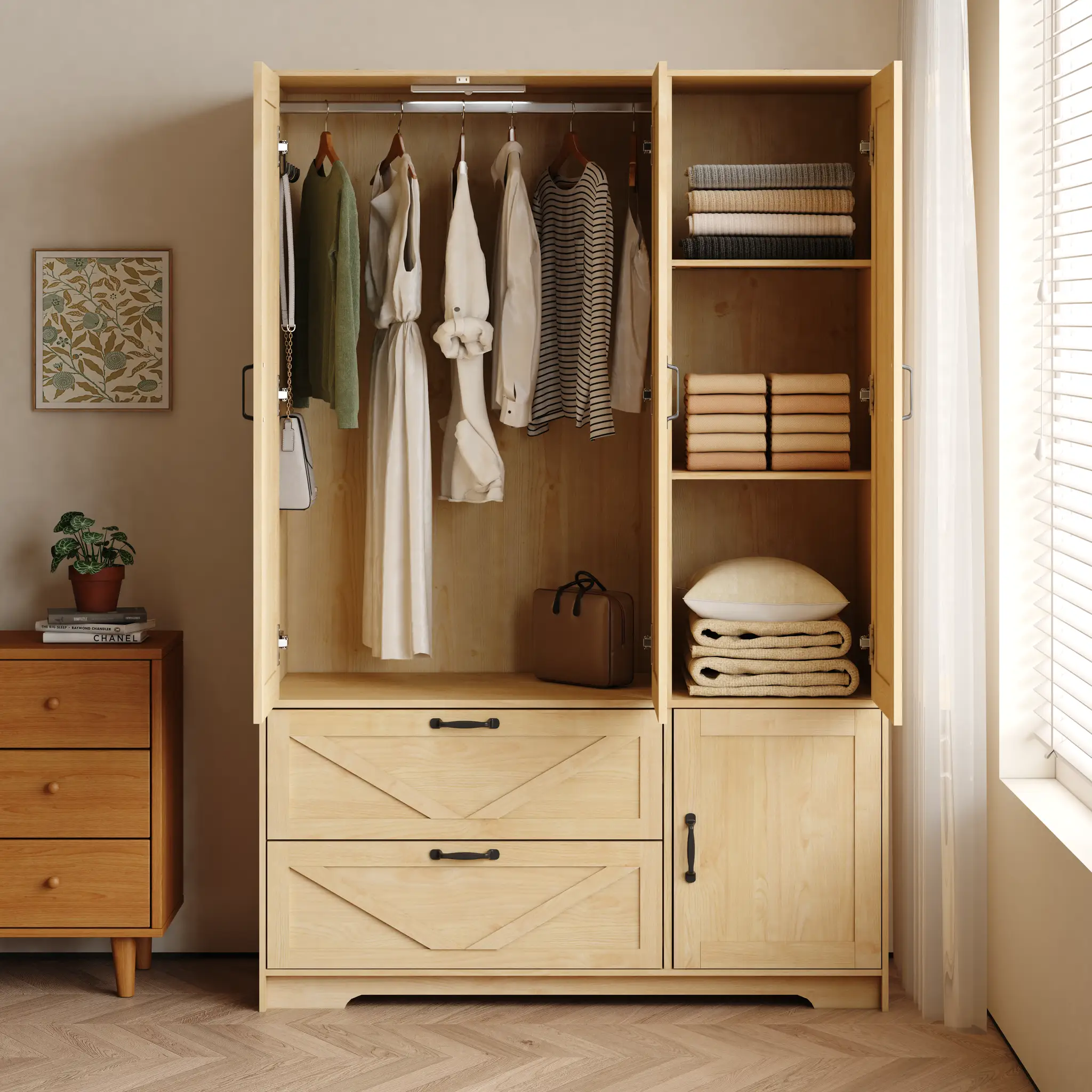 4 Doors Wardrobe Closet with Mirror, LED Lighting & Storage by HouseOfZazla
