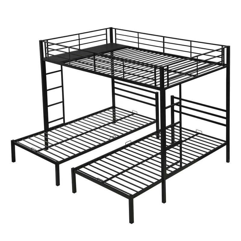 Modern Metal Triple Bunk Bed With Vertical Ladder, Safety Rail, And Storage Shelf - Black by Unique Piece Furniture