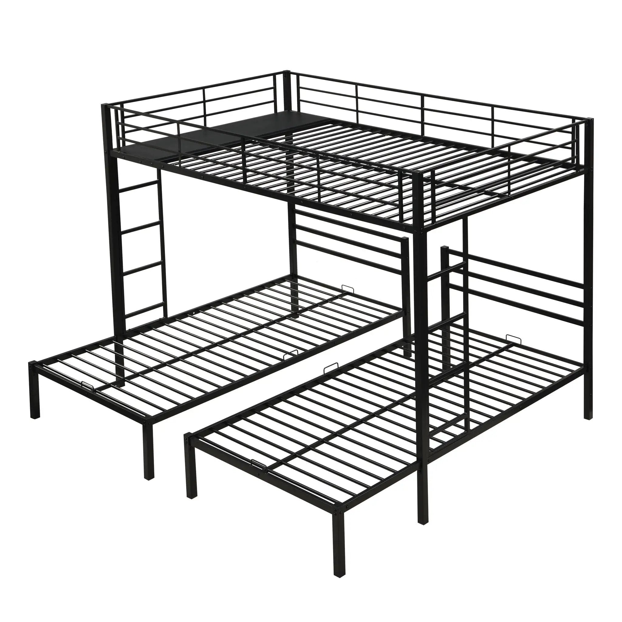 Modern Metal Triple Bunk Bed With Vertical Ladder, Safety Rail, And Storage Shelf - Black by HouseOfZazla