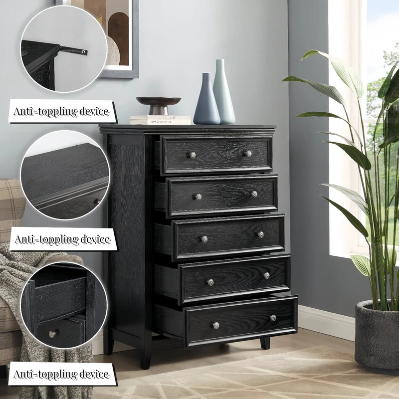 Modern 5-Drawer Black Dresser for Living Room Storage by HouseOfZazla