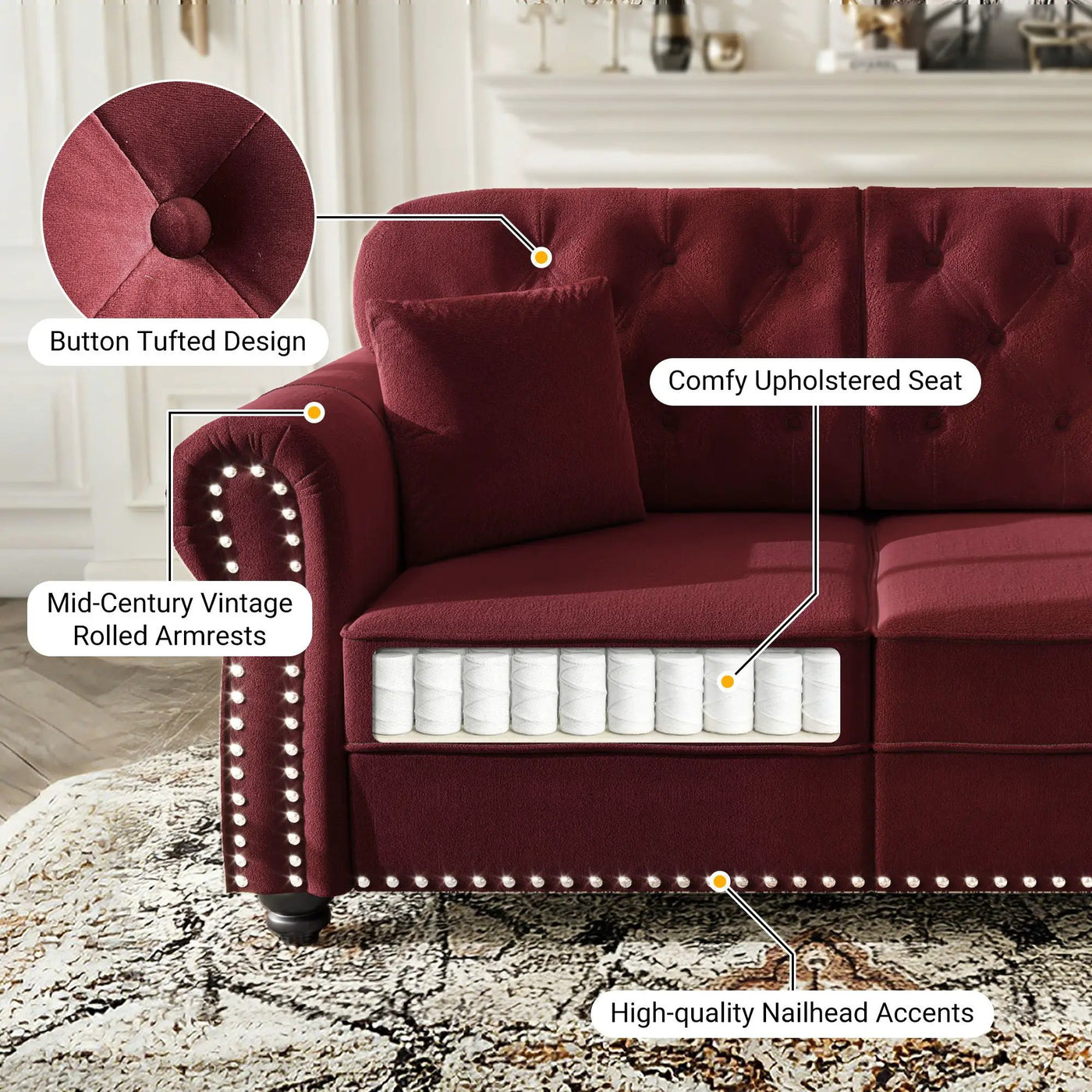 Sofa With Nailhead Trim And Rolled Armrests by HouseOfZazla