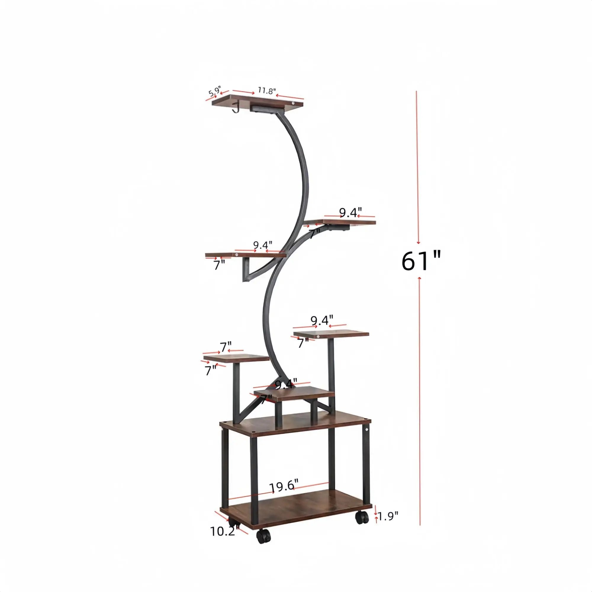 8 Tier Indoor Plant Stand With Grow Lights, S Shaped Metal Shelf For Multiple Plants - Black / Dark Walnut by Unique Piece Furniture