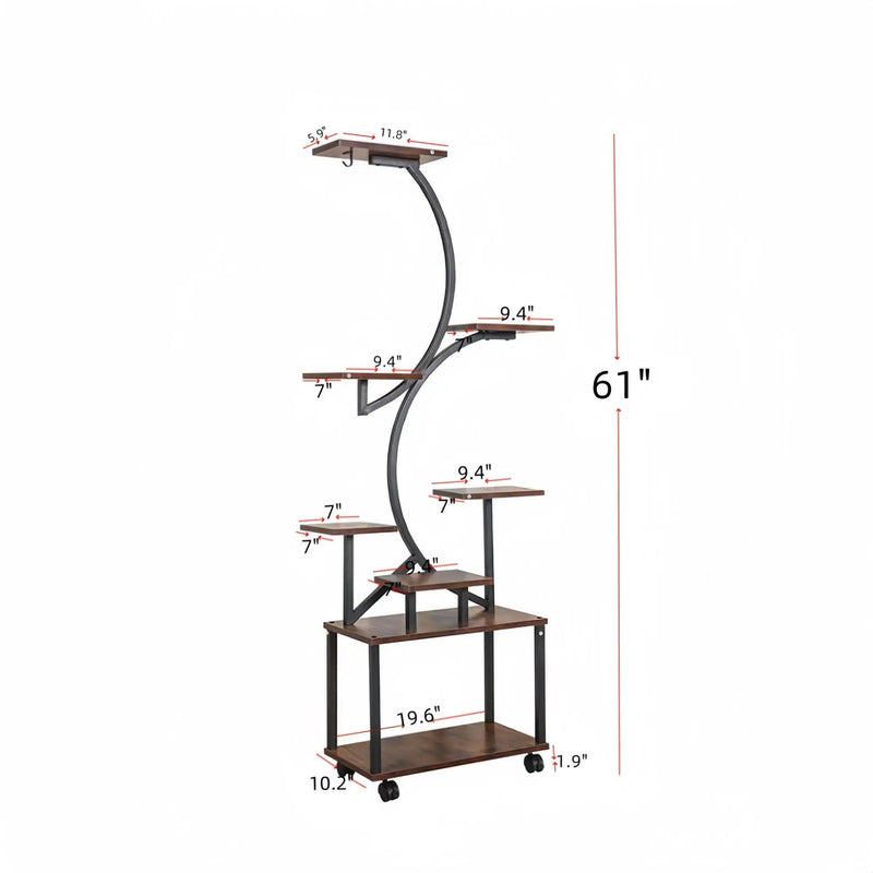 8 Tier Indoor Plant Stand With Grow Lights, S Shaped Metal Shelf For Multiple Plants - Black / Dark Walnut by Unique Piece Furniture