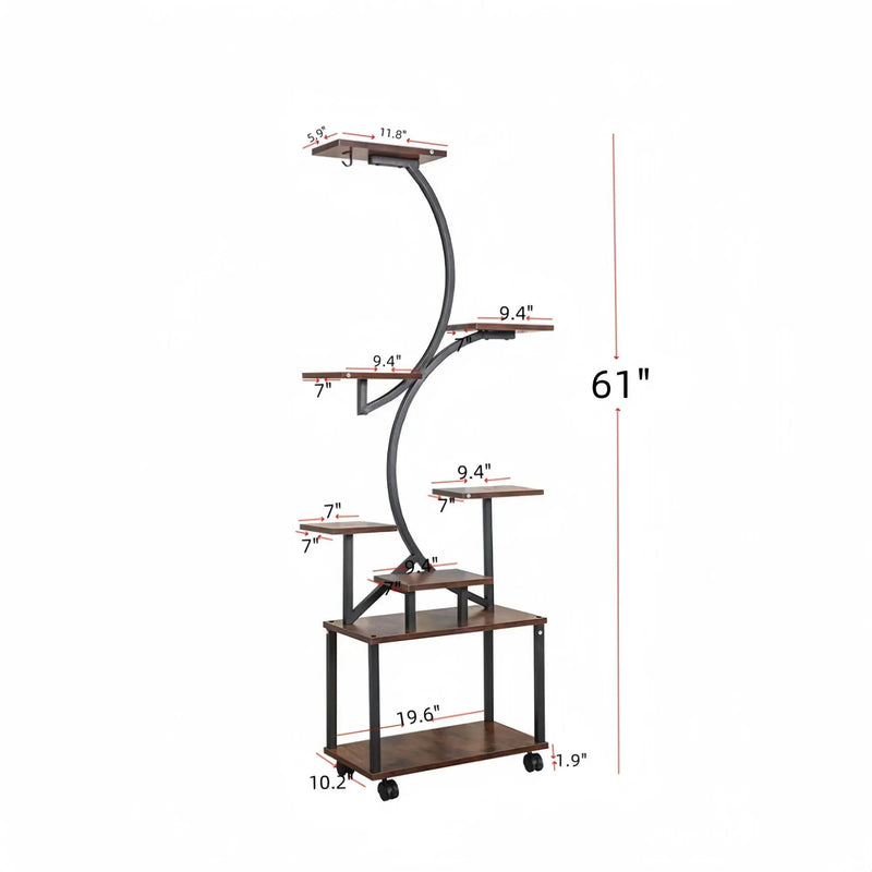 8 Tier Indoor Plant Stand With Grow Lights, S Shaped Metal Shelf For Multiple Plants - Black / Dark Walnut by HouseOfZazla