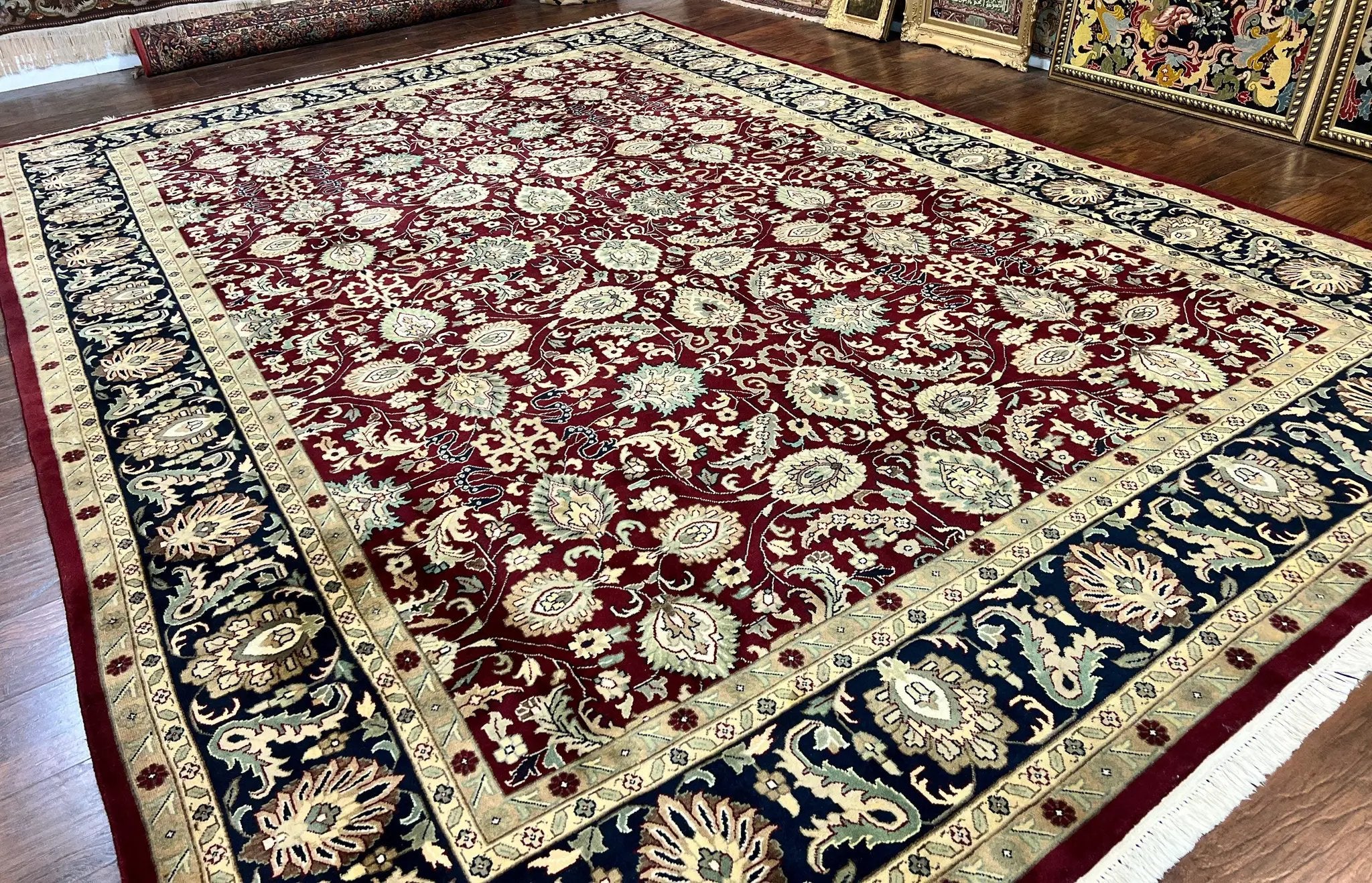 Indo Persian Rug 10x14, Floral Allover, Maroon, Handmade Hand Knotted VIntage Wool Rug, Large Oriental Carpet by Jewel Rugs