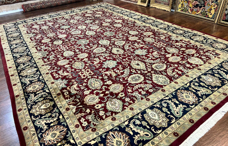 Indo Persian Rug 10x14, Floral Allover, Maroon, Handmade Hand Knotted VIntage Wool Rug, Large Oriental Carpet by Jewel Rugs