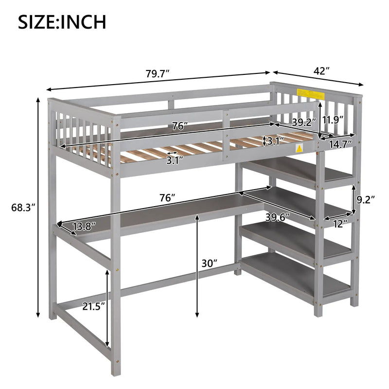 Loft Bed With Storage Shelves And Under Bed Desk