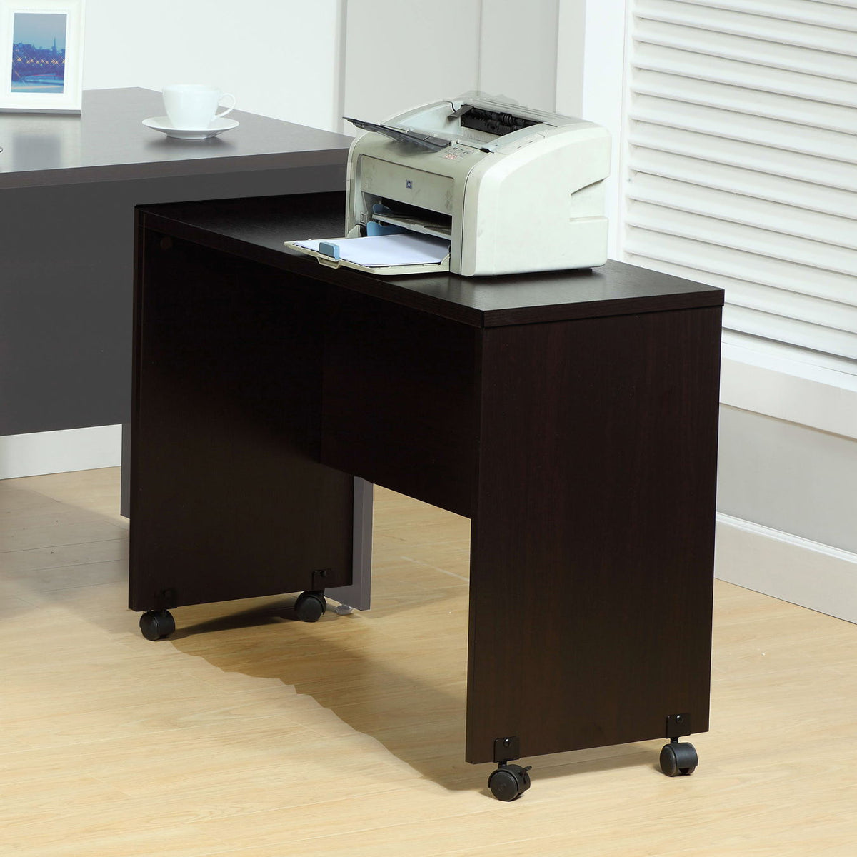 Wood Printer Mobile Stand Computer Desk with Locking Wheels - Dark Brown, Dark Gray, White