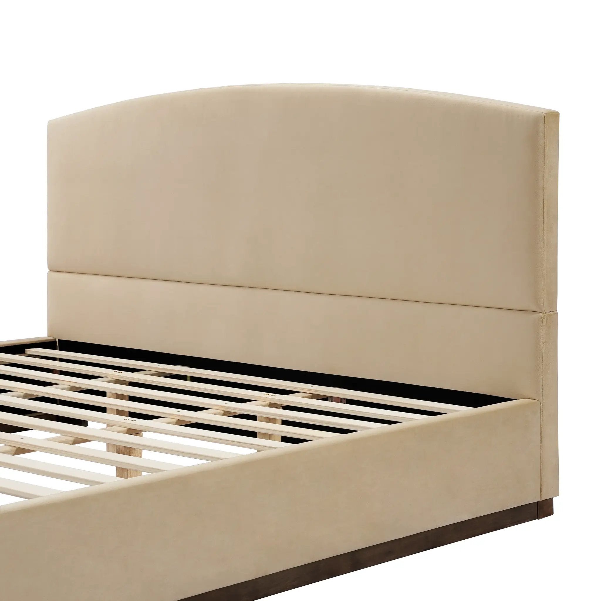 King Size Upholstered Bed Frame With Velvet Fabric Thick Headboard, Solid Wood Base, Camel by HouseOfZazla