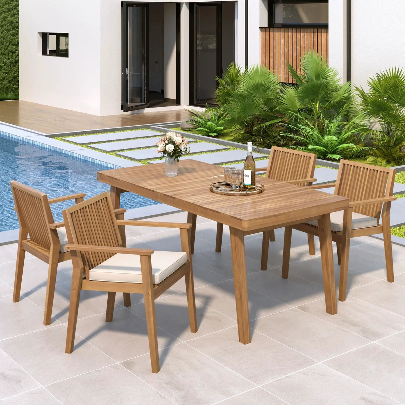 5 Piece Patio Furniture Set Acacia Wood Table And 4 Heavy Duty Cushioned Chairs by HouseOfZazla