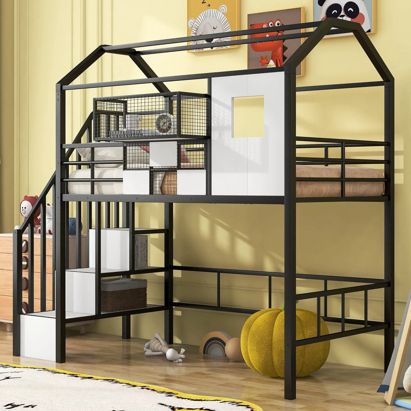Metal Loft Bed With Roof Design And Storage Box With Guardrails And Integrated Ladder by HouseOfZazla