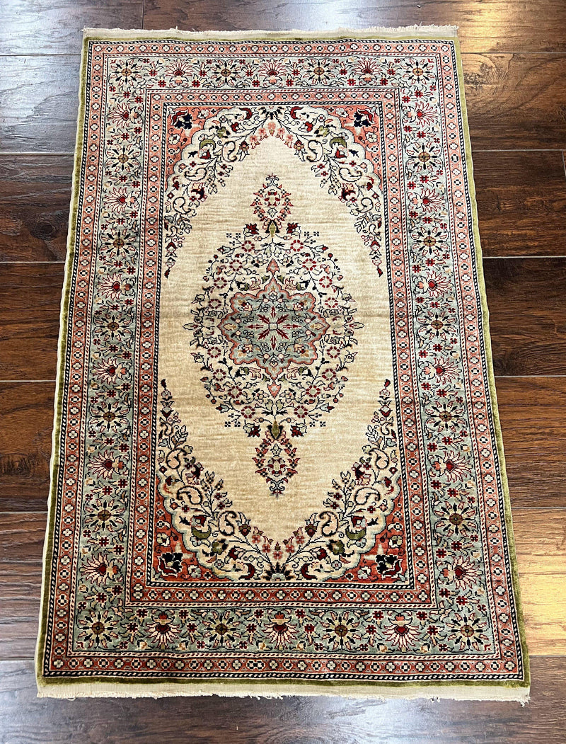 Silk Turkish Kayseri Rug 2x3, Very Finely Hand Knotted, Semi Open Field, Vintage, Silk Pile on Silk Foundation, 300 KPSI by Jewel Rugs