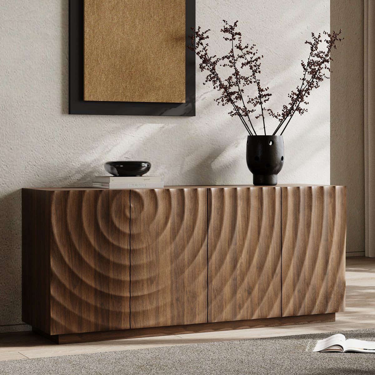 Walnut Buffet Cabinet with Storage - 4-Door Modern Sideboard