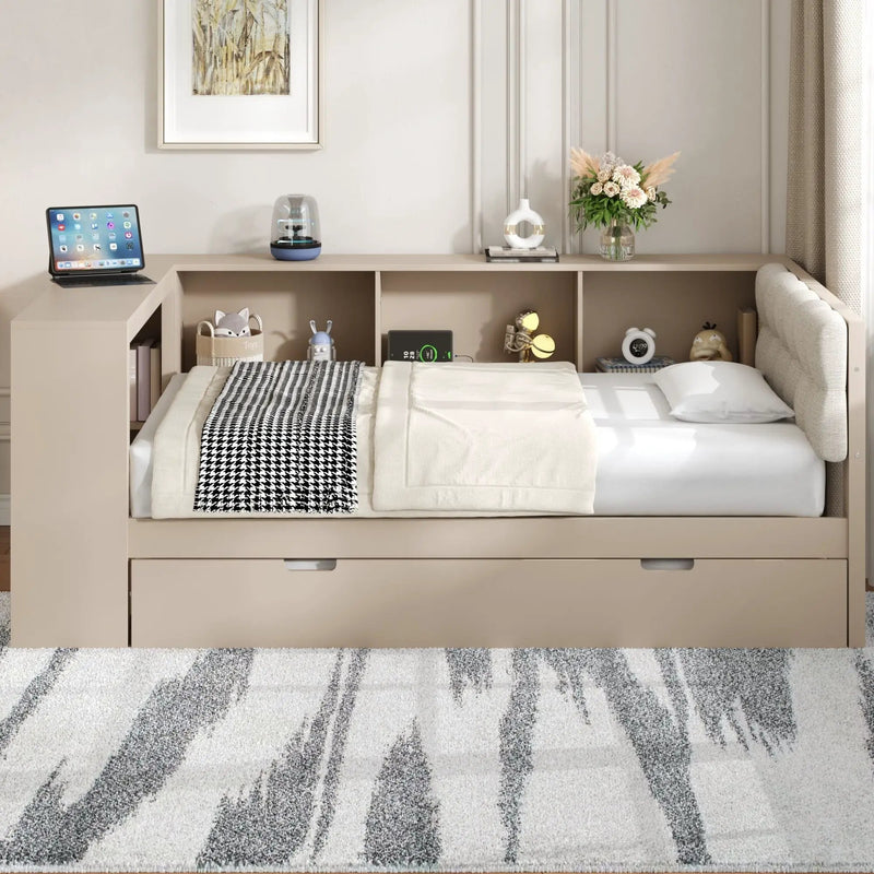 Upholstered Headboard Platform Bed with Storage Shelves, Trundle, and Charging Station by HouseOfZazla