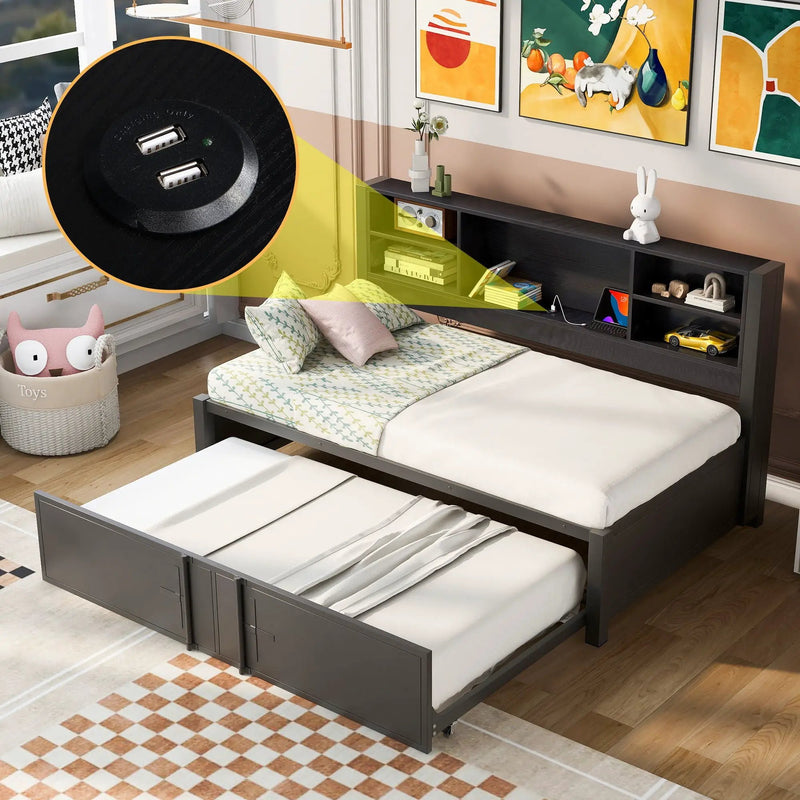 Industrial Metal Daybed With Trundle, Storage Shelves, USB Ports by HouseOfZazla