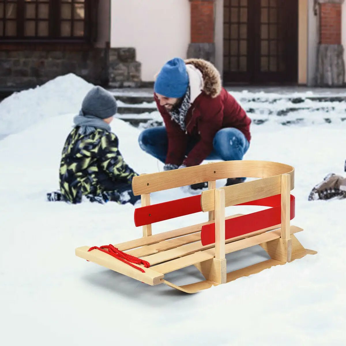 Outdoor Play Baby Kids Wooden Sled with Solid Wood Seat by DirectDeals