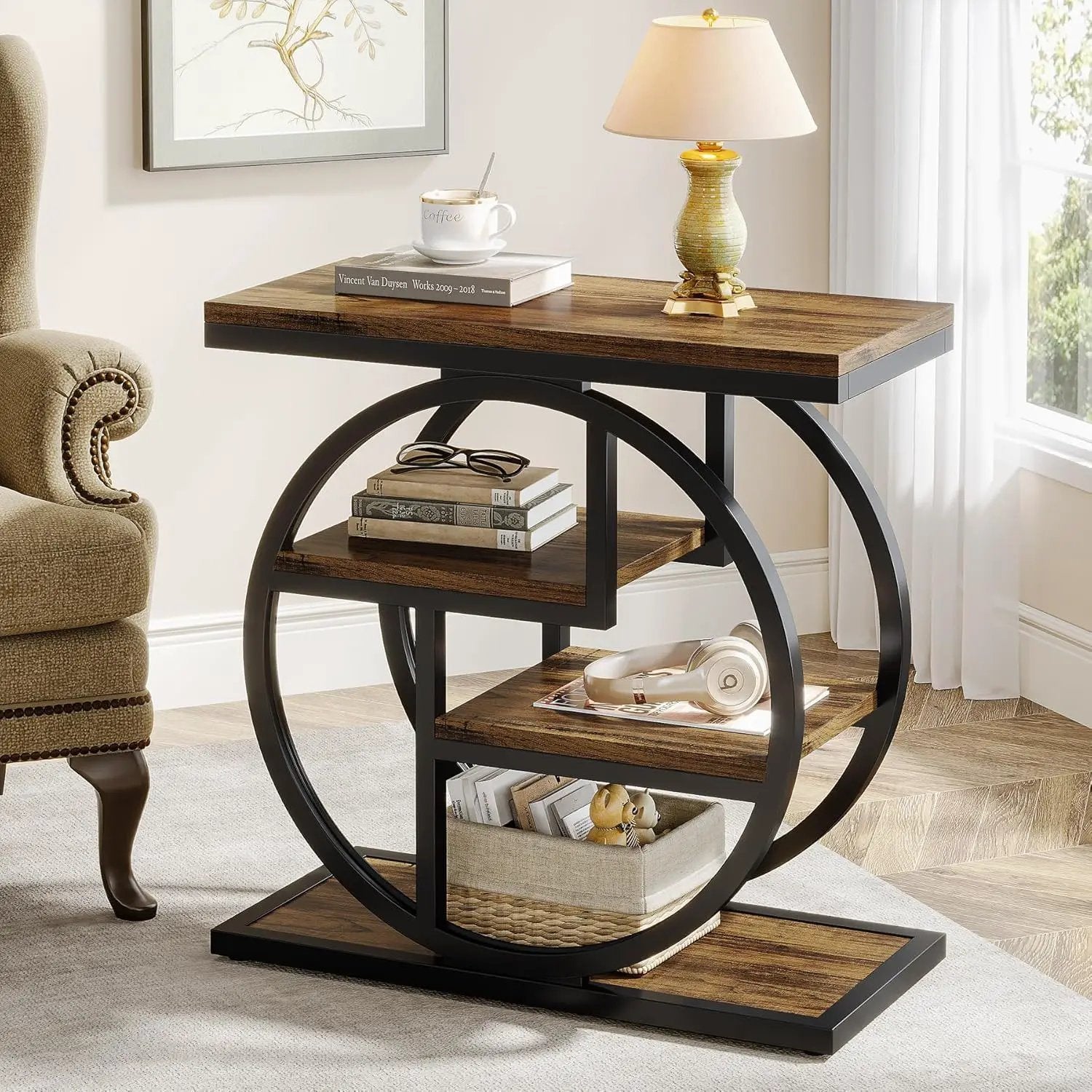 4 Tier Narrow End Table With Storage Shelves For Living Bedroom, Small Spaces - Rustic Brown by HouseOfZazla