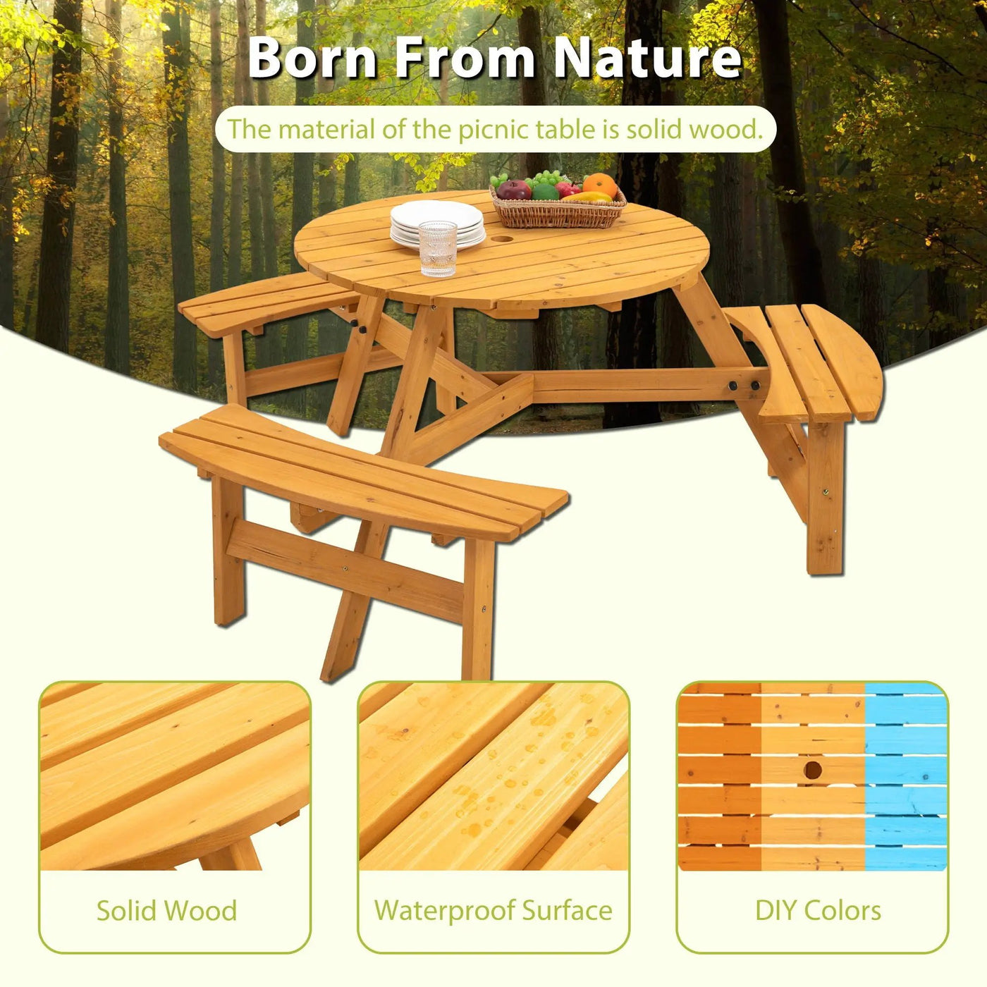 6 Person Circular Outdoor Wooden Picnic Table For Patio, Backyard, Garden, Diy With 3 Built-In Benches, 1720Lb Capacity by HouseOfZazla