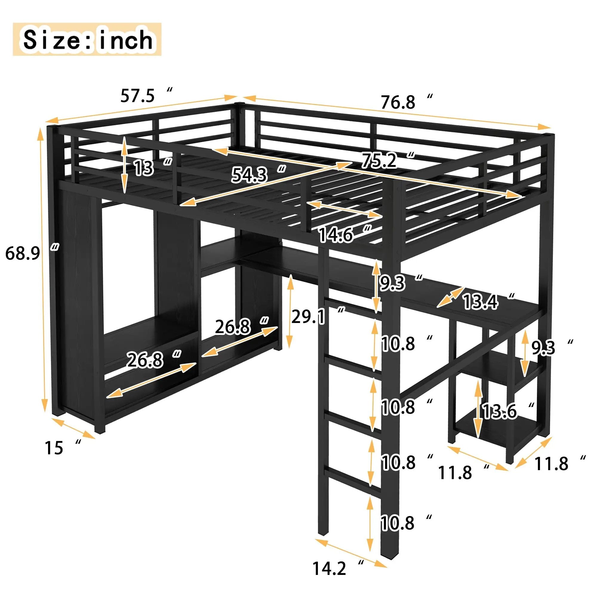 Full Size Loft Bed Frame with Built-in Wardrobe, Metal Loft Bed with Desk and Storage Shelves by HouseOfZazla