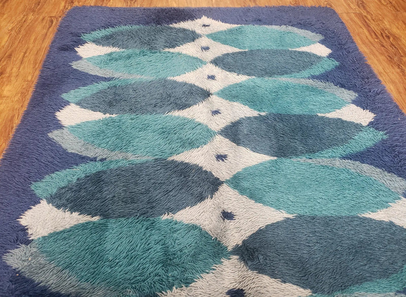 Blue Rya Rug, 1960s Mid-Century Modern Danish Shag Rug 4'6" x 6'7", Ege Rya, Abstract by Jewel Rugs