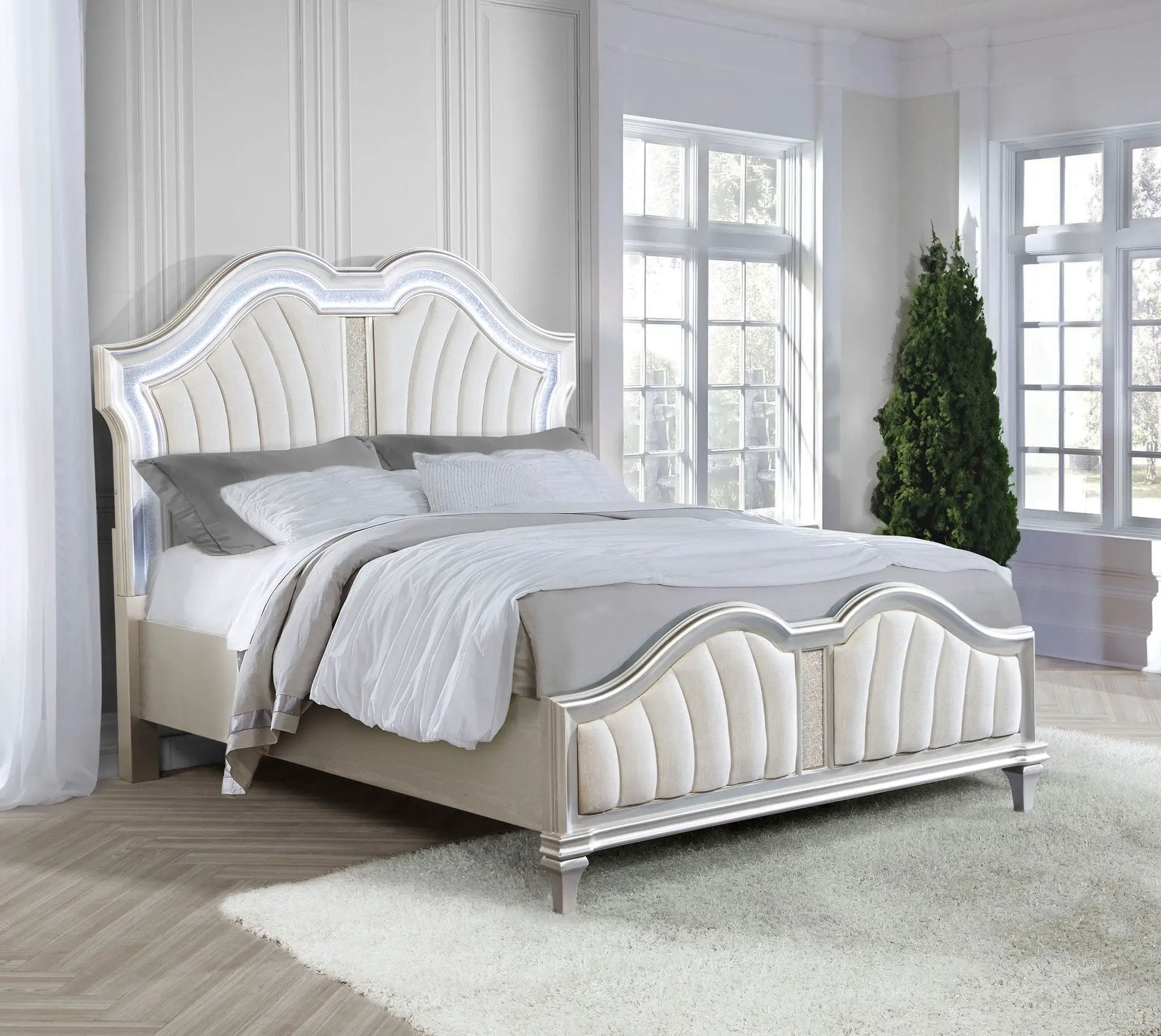 Evangeline Wood Queen LED Panel Bed Silver Oak by Unique Piece Furniture