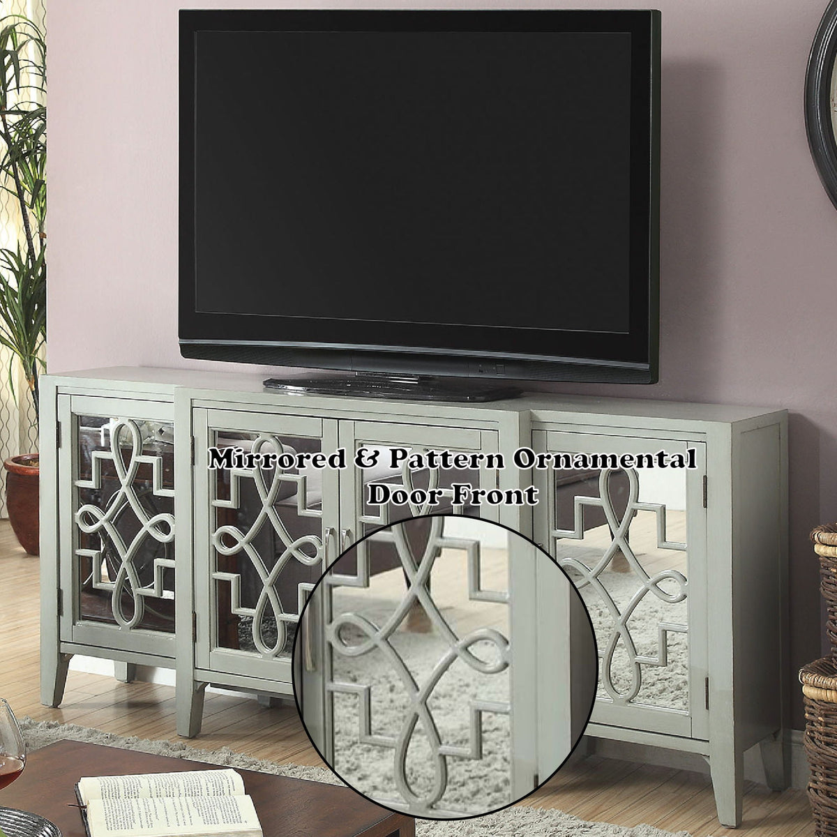 Mirrored Accent Console Cabinet with Solid Wood Legs - Black or Gray, photo 8 of 8