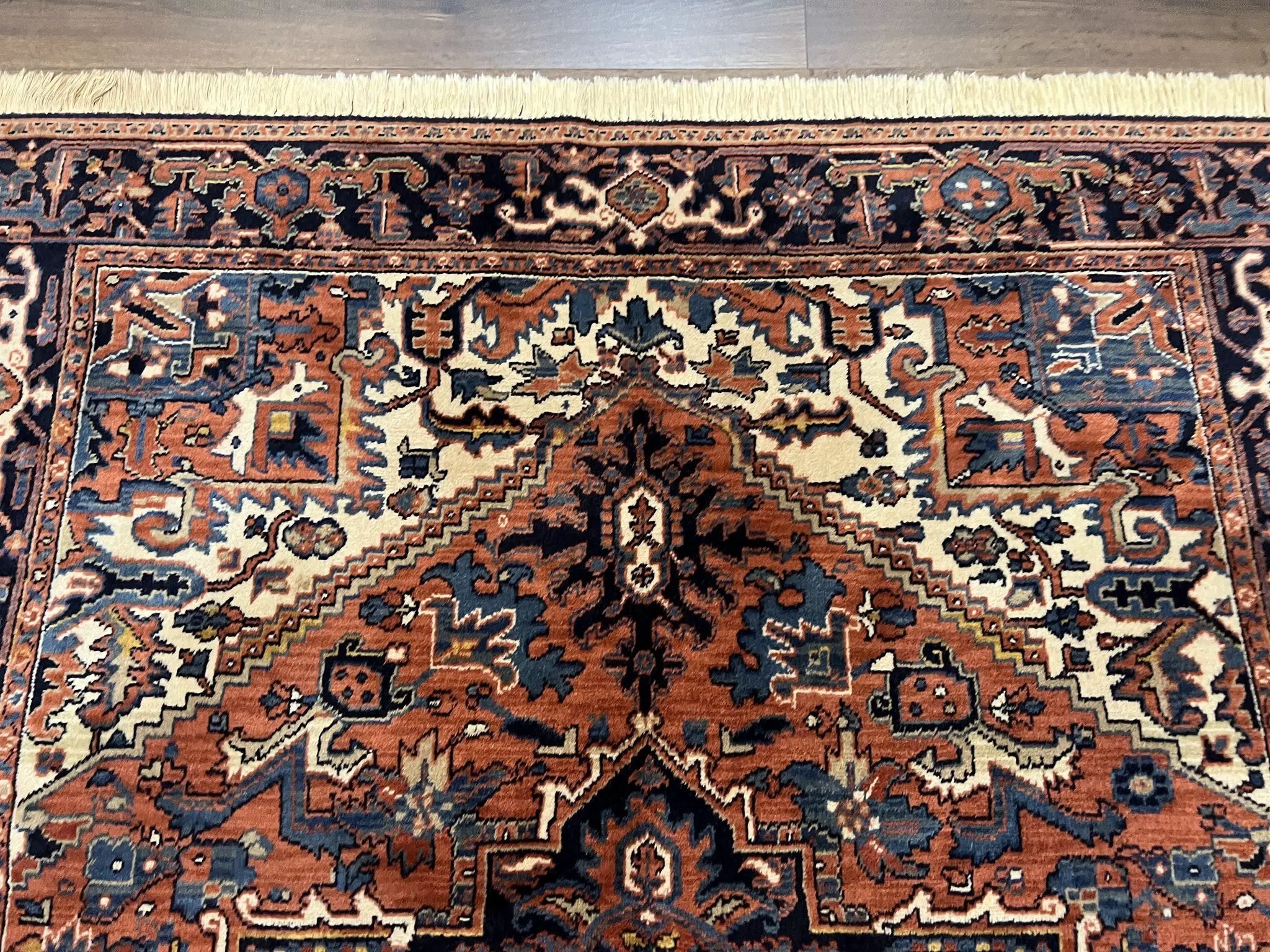 Heriz Rug 5.6 x 8, Geometric Medallion, Wool Oriental Carpet, Tribal Boho Rug, Red Navy Blue Cream, Belgium Power Loomed Rug, Medium Sized by Jewel Rugs