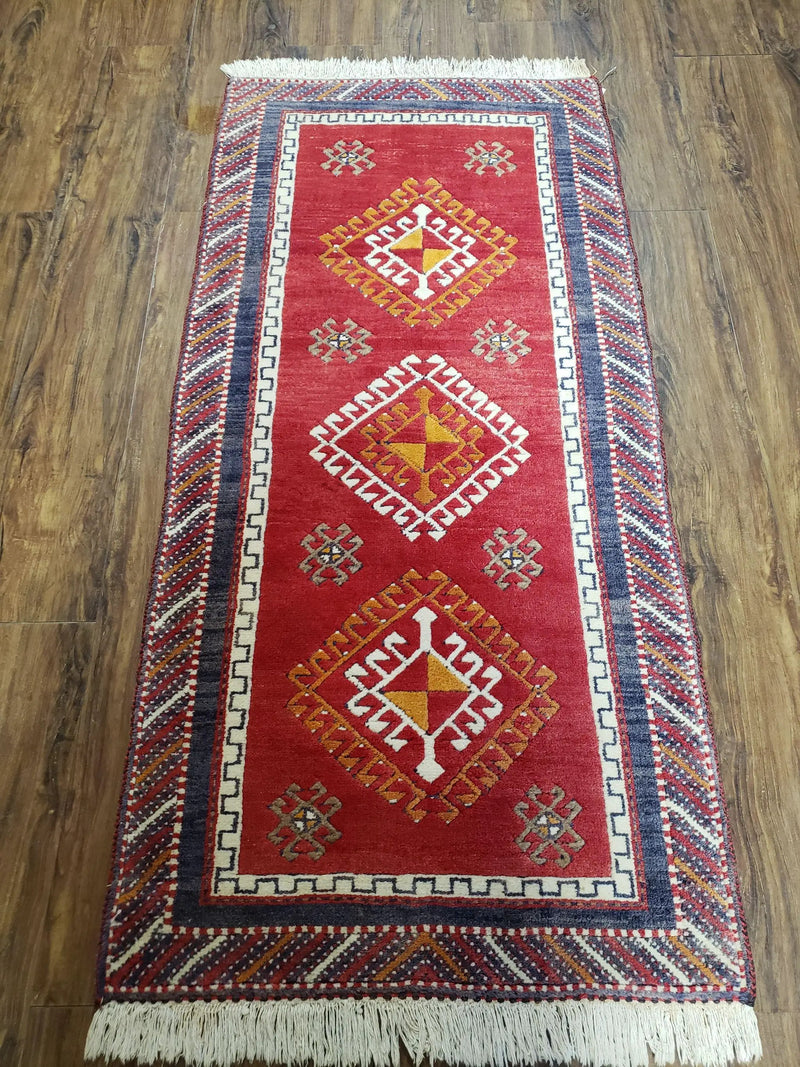 Vintage Turkish Kazak Rug 2.5 x 5 Red Wool Carpet Medallions Runner Geometric by Jewel Rugs