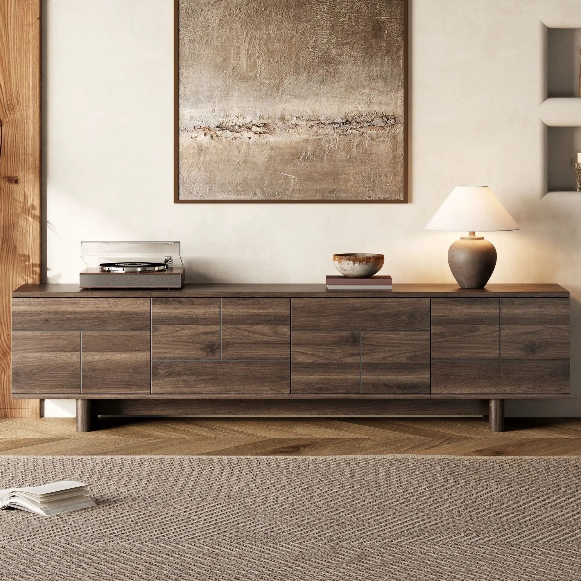TV Stand For TVs Up To 85", Entertainment Center, Cable Management, Push Openers, Soft Closing Hinges & Adjustable Shelves - Dark Brown by HouseOfZazla