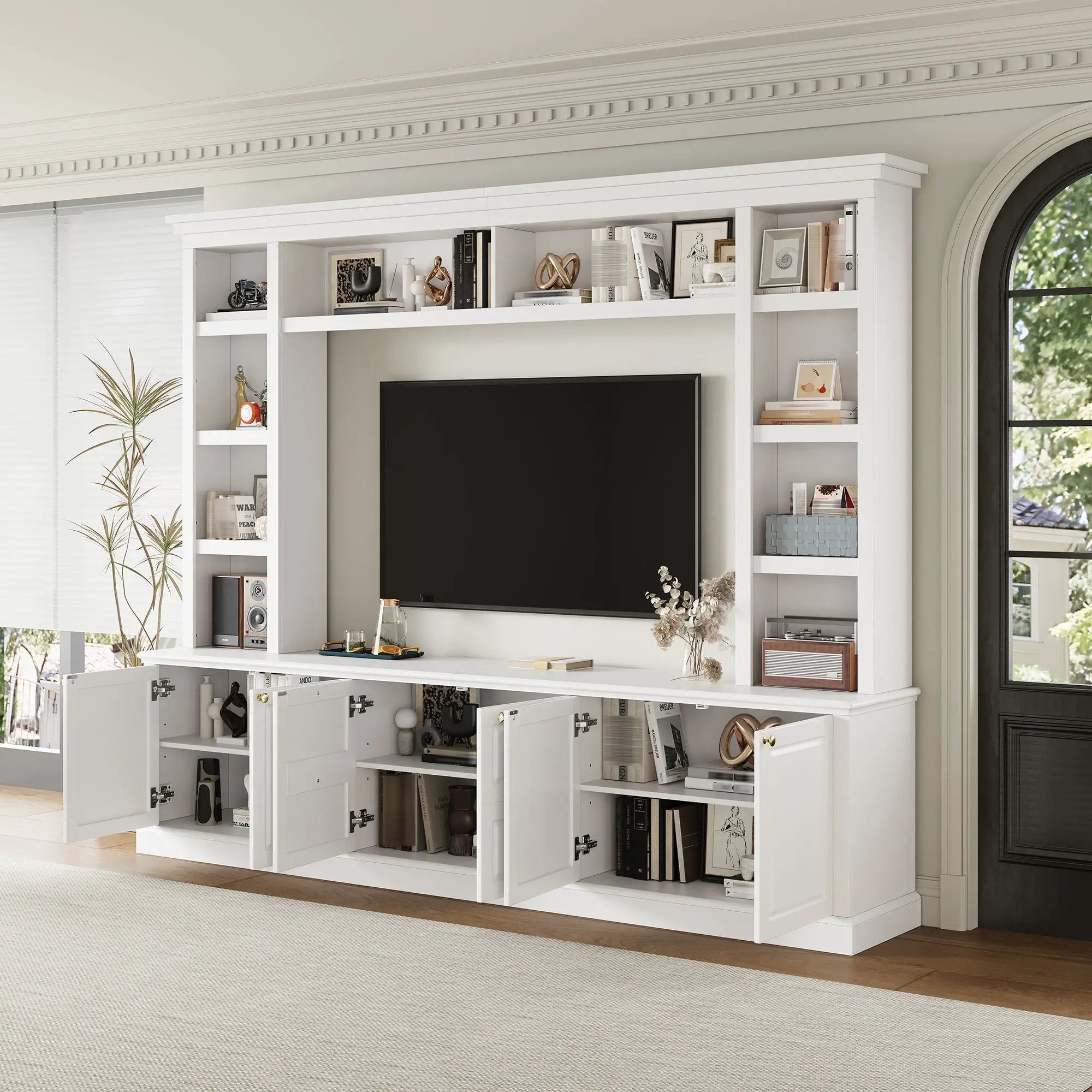 TV Stand With Bookcase, Storage Cabinet With 3 Adjustable Shelves, Living Room Entertainment Center - White by HouseOfZazla