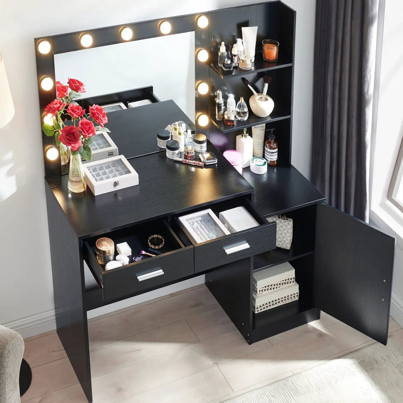 Vanity Desk With Mirror And Lights, 46.4In Dressing Table With 2 Large Drawer & Large Vertical Organizer, 3 Level Dresser & 3 Lighting Modes Adjustable Brightness, Suitable For Bedroom by Unique Piece Furniture