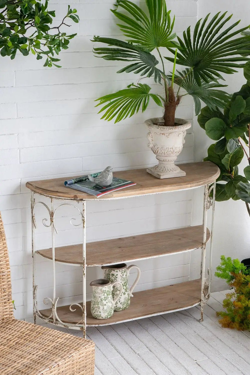 3 Tiered Wooden Shelving Unit With Ornate Iron Frame - Multicolor by Unique Piece Furniture