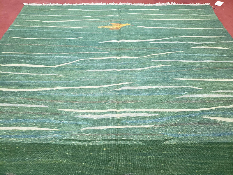 Green Turkish Kilim Rug, 6x9 - 7x10 Rugs, Bird, Handmade New Area Rug, Wool, Bohemian Boho Decor, Hand Woven, Modern Abstract Flat Weave Rug by Jewel Rugs