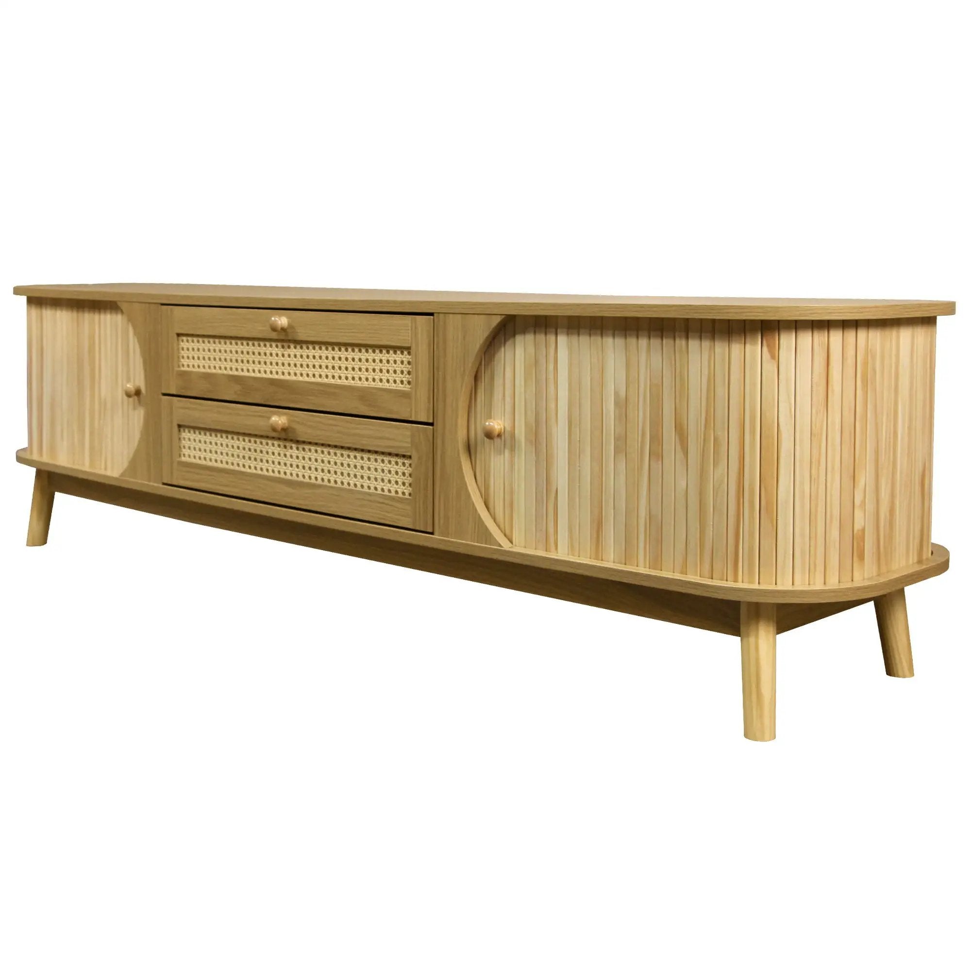 Rattan TV Stand For Tvs Up To 75'', Modern Farmhouse Media Console, Entertainment Center With Legs, TV Cabinet For Living Room, Home Theatre - Natural Wood by HouseOfZazla