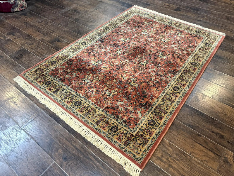 Persian Hunting Design Rug 4.7 x 6.5, Hunting Scene, Red-Orange, Wool, Belgian Power Loomed Carpet by Jewel Rugs