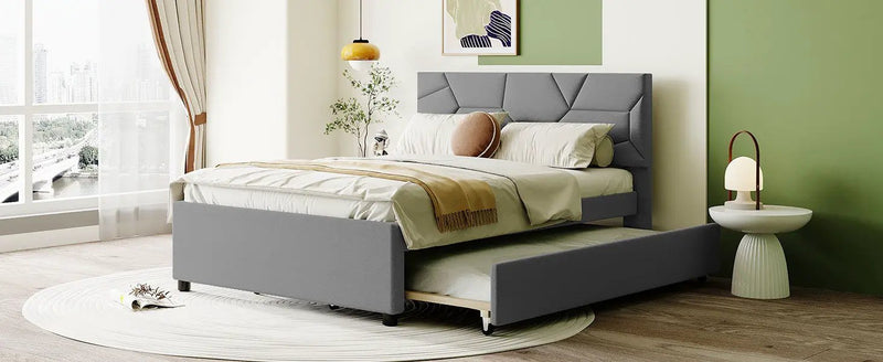 Upholstered Platform Bed With Brick Pattern Headboard And Twin Long Size Trundle by HouseOfZazla