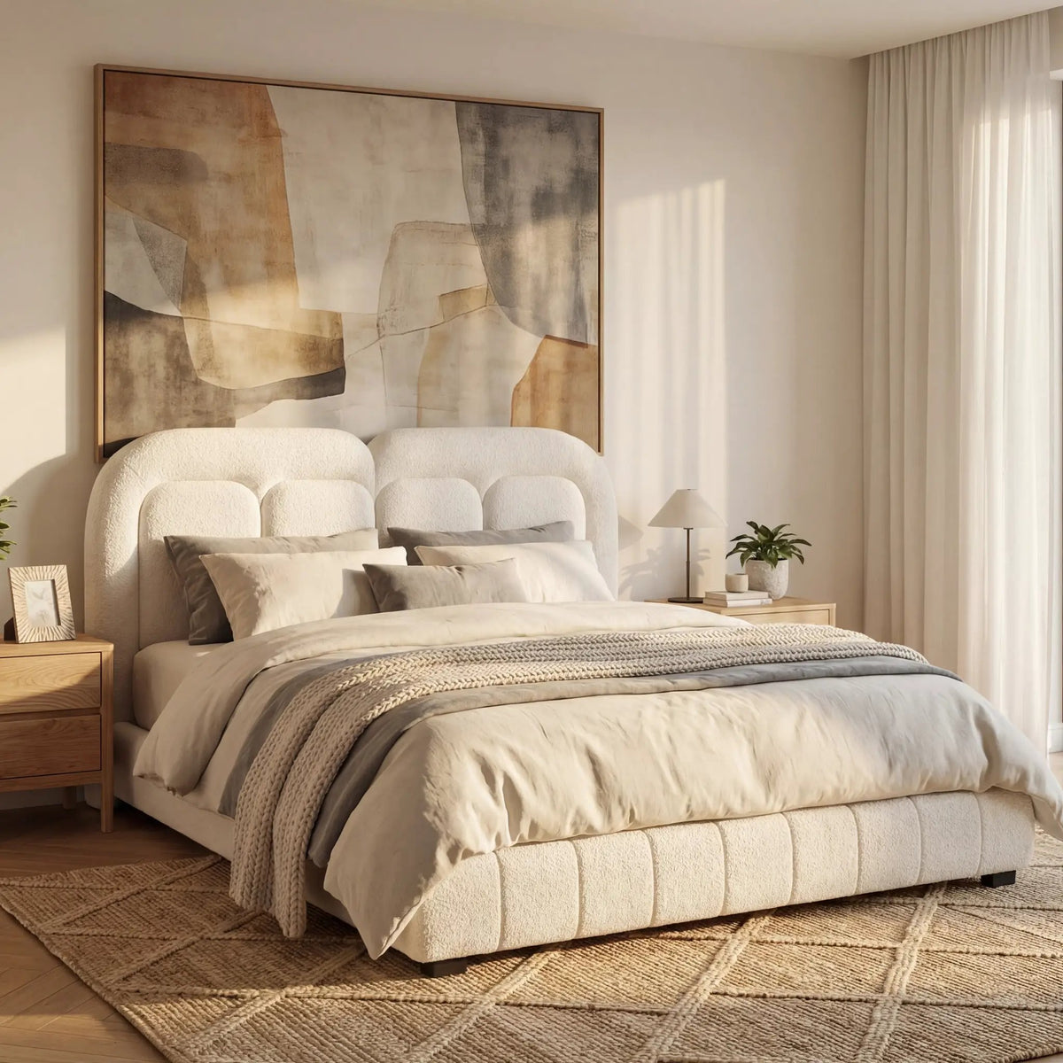 Queen Size Boucle Upholstered Platform Bed with Tufted Headboard by HouseOfZazla