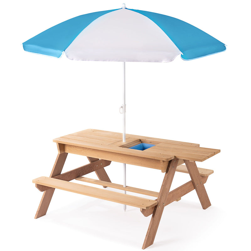 3-In-1 Kids Outdoor Wooden Picnic Table With Umbrella, Convertible Sand & Water, ASTM & CPSIA Certification by Unique Piece Furniture
