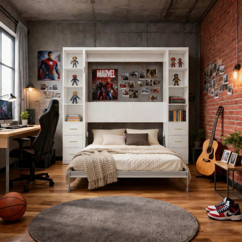 Queen Size Murphy Wall Bed With Side Storage Cabinets - White by HouseOfZazla