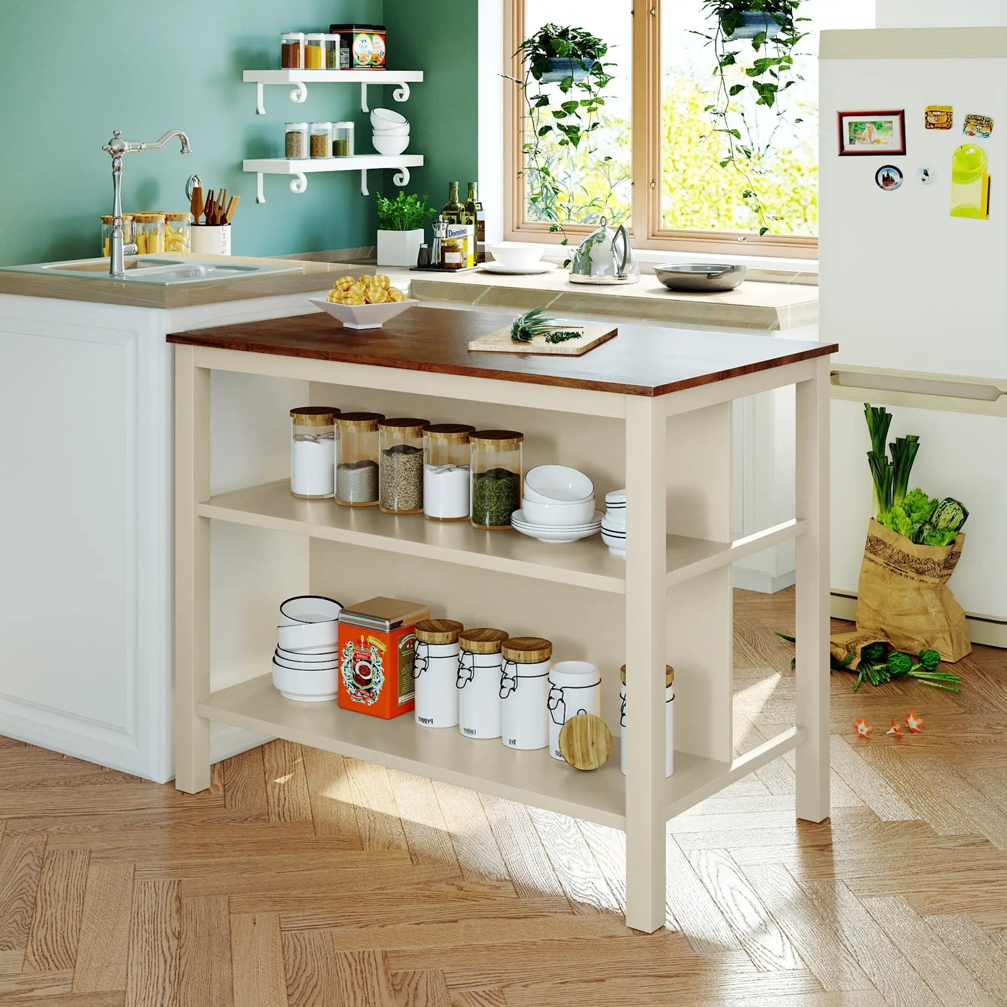 Rustic 3 Piece Stationary Kitchen Island Set With 2 Seatings, With 2 Open Shelves by HouseOfZazla