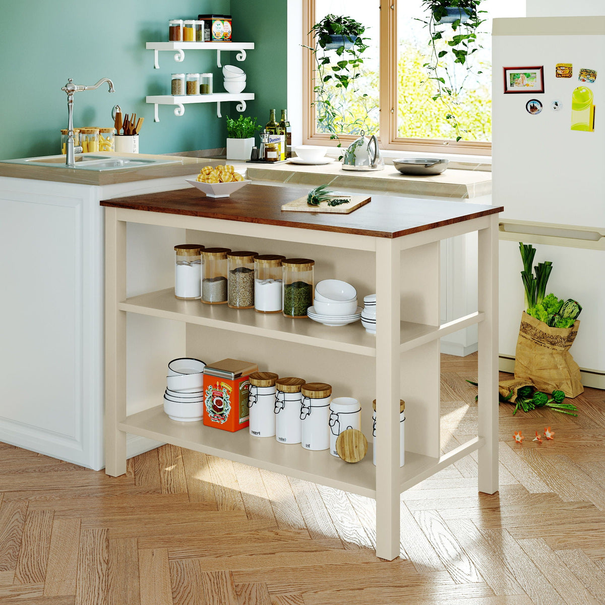 Rustic 3 Piece Stationary Kitchen Island Set with 2 Open Shelves - Light Brown, photo 21 of 24