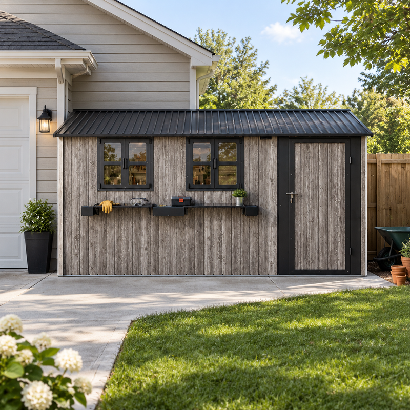 12x10 FT Outdoor Metal Storage Shed with 3 Clear Windows & Decorative Flower Rack, Lockable Single Door Tool Shed, Heavy Duty Waterproof Weatherproof Garden Shed for Backyard Patio Yard,Grey+Black