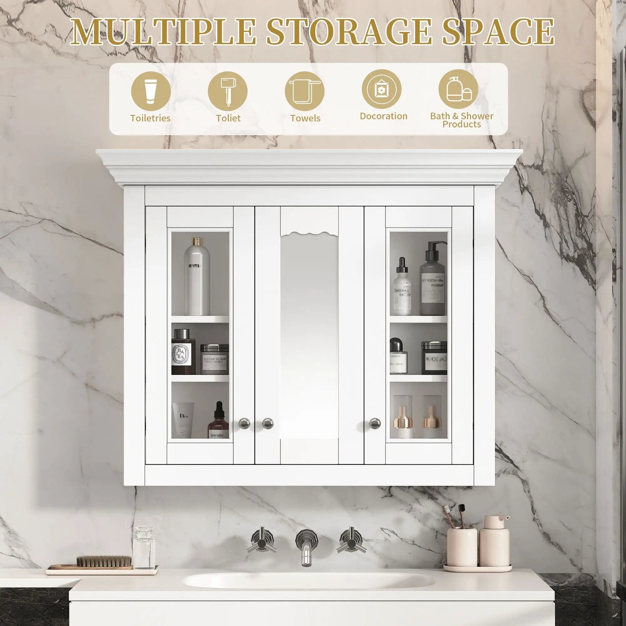 Bathroom Medicine Cabinet With Mirror, 5 Adjustable Closed Shelves, Wall-Mounted - White by Unique Piece Furniture