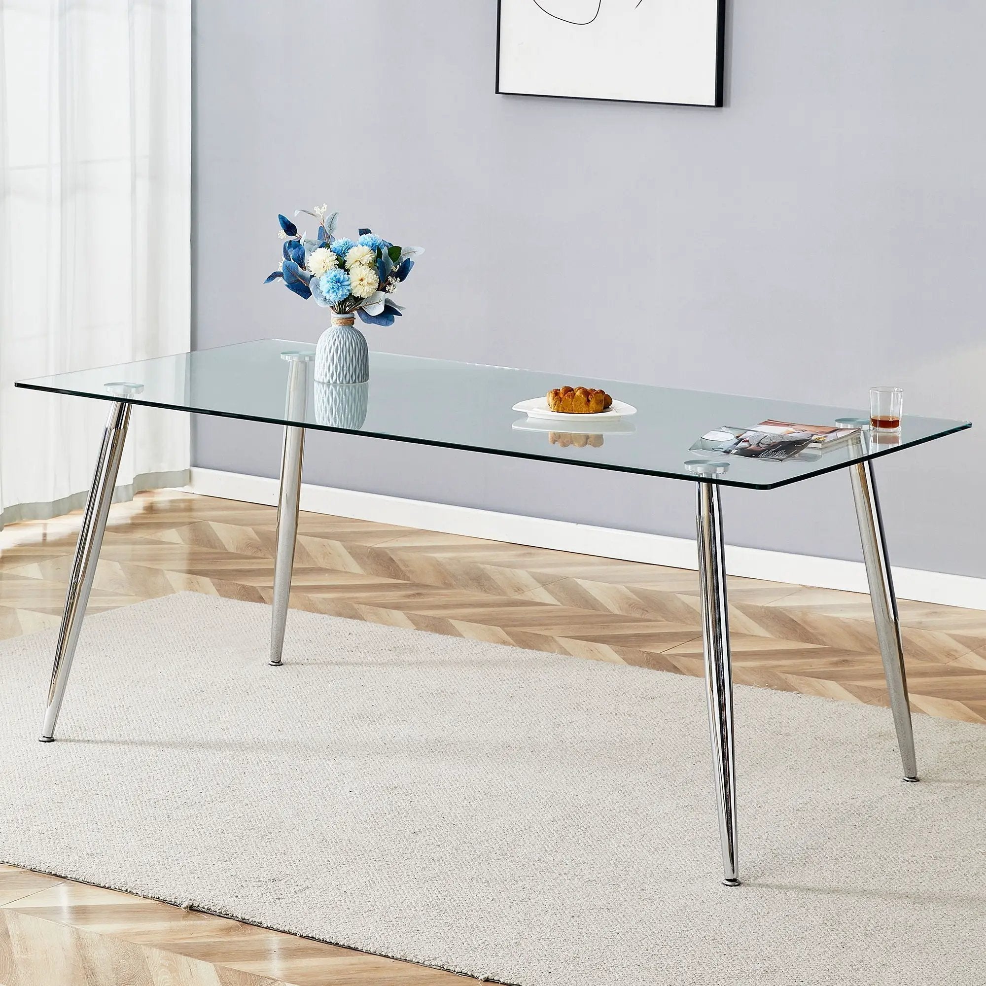 Modern Rectangular Glass Dining Table For 4-6 People With Tempered Glass Countertop by HouseOfZazla